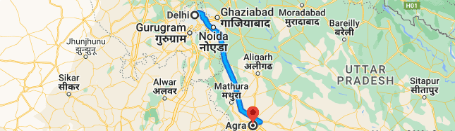 delhi to agra distance